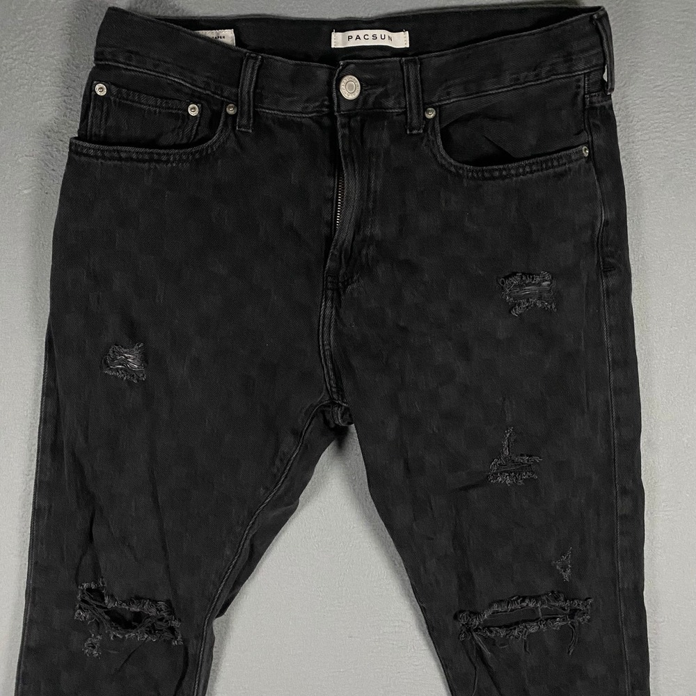 PacSun Slim Taper Distressed Checkerboard Jeans Mens 32x30 Black Ripped Denim